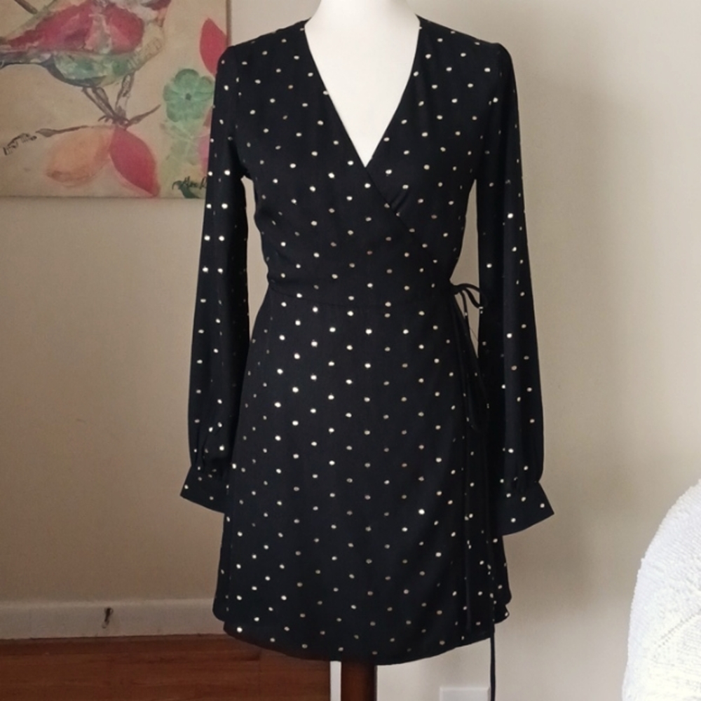 Lulus long sleeve wrap dress v-neck cocktail mob black gold polka dot size S
